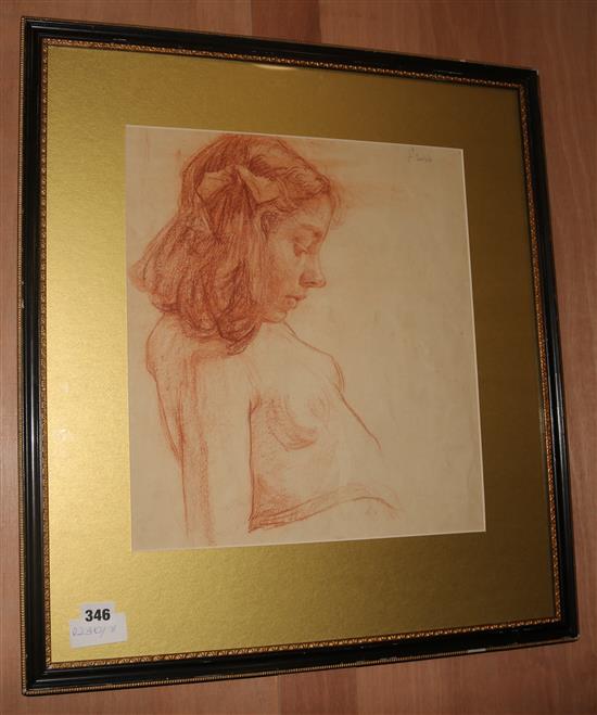 A sanguine chalk study of a girl, signed Lewis, 40 x 36cm